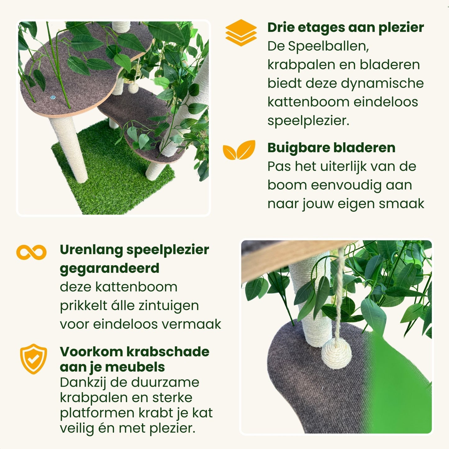 kattenboom met bladeren en ligkom - Krabpaal voor katten - 3-laags